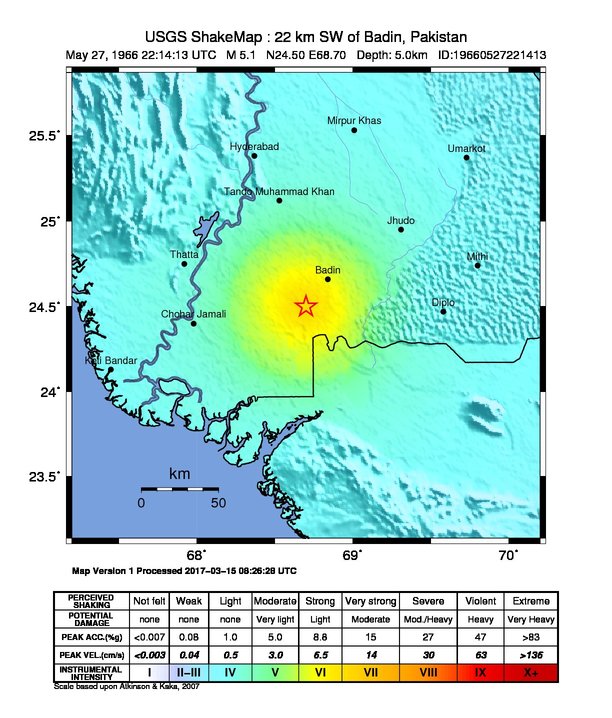 USGS ShakeMap: estimated shaking intensity around the epicenter