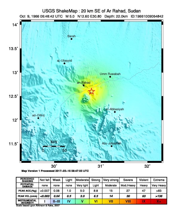 USGS ShakeMap: estimated shaking intensity around the epicenter