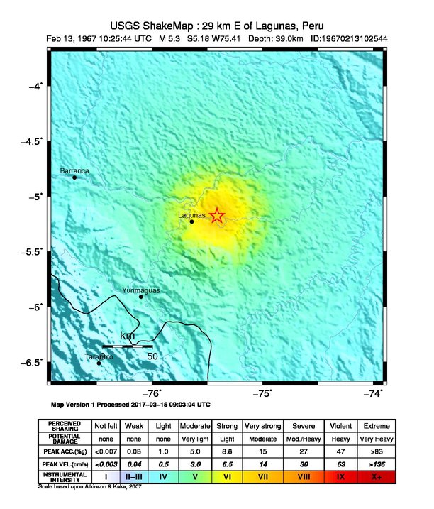 USGS ShakeMap: estimated shaking intensity around the epicenter