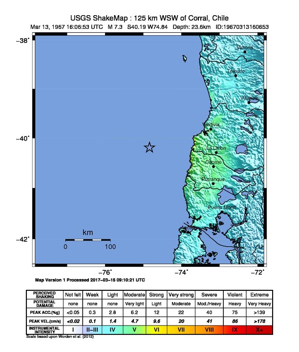 USGS ShakeMap: estimated shaking intensity around the epicenter