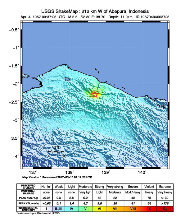 USGS ShakeMap: estimated shaking intensity around the epicenter