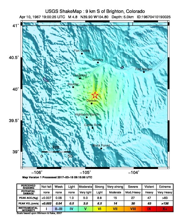 USGS ShakeMap: estimated shaking intensity around the epicenter