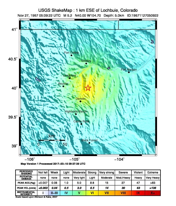 USGS ShakeMap: estimated shaking intensity around the epicenter
