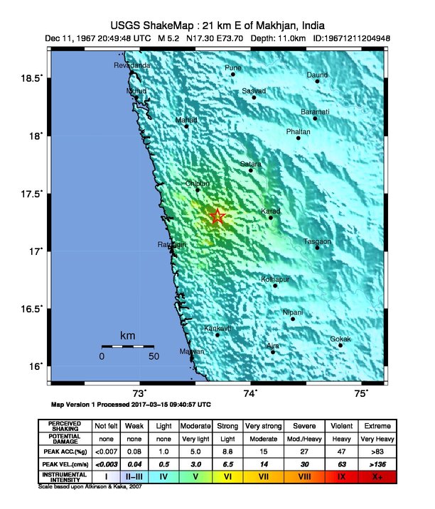 USGS ShakeMap: estimated shaking intensity around the epicenter