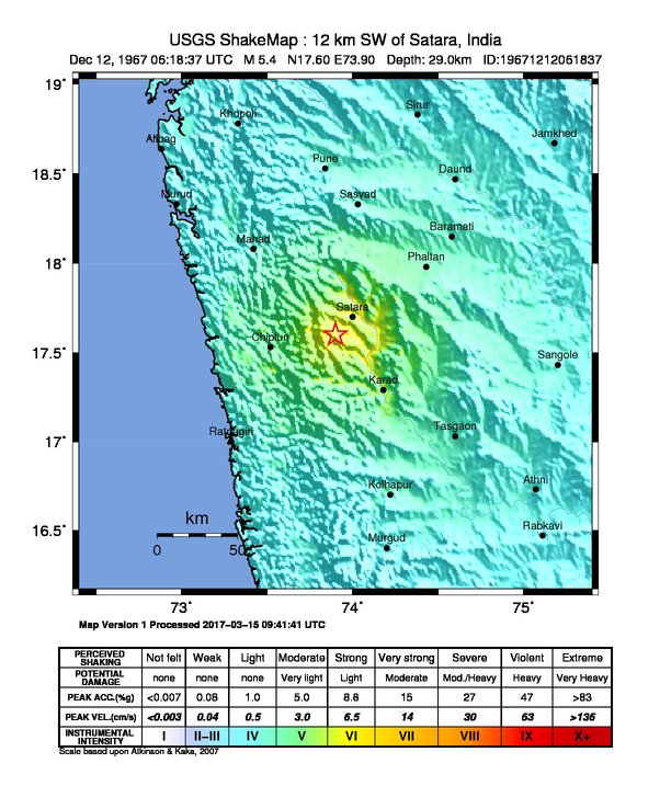 USGS ShakeMap: estimated shaking intensity around the epicenter