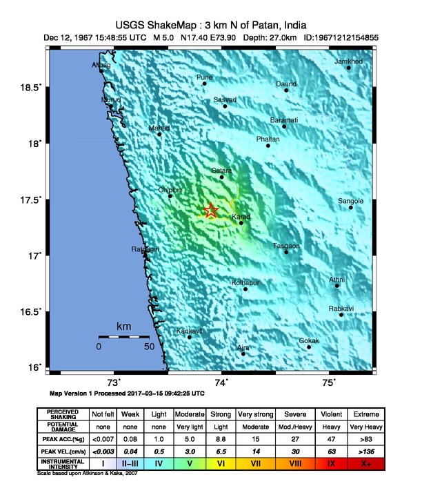 USGS ShakeMap: estimated shaking intensity around the epicenter