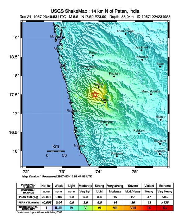 USGS ShakeMap: estimated shaking intensity around the epicenter