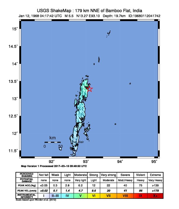 USGS ShakeMap: estimated shaking intensity around the epicenter