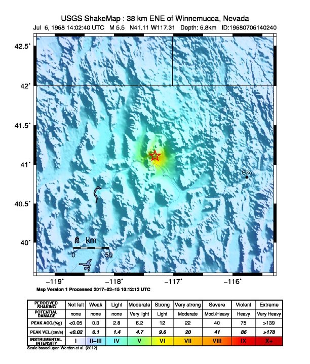 USGS ShakeMap: estimated shaking intensity around the epicenter