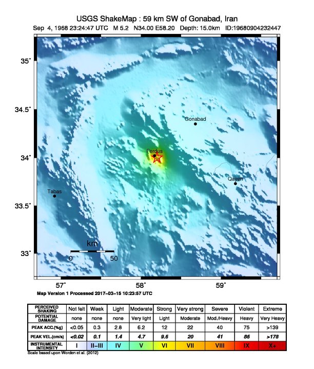 USGS ShakeMap: estimated shaking intensity around the epicenter