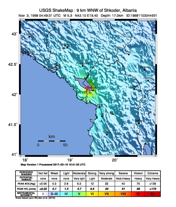 USGS ShakeMap: estimated shaking intensity around the epicenter