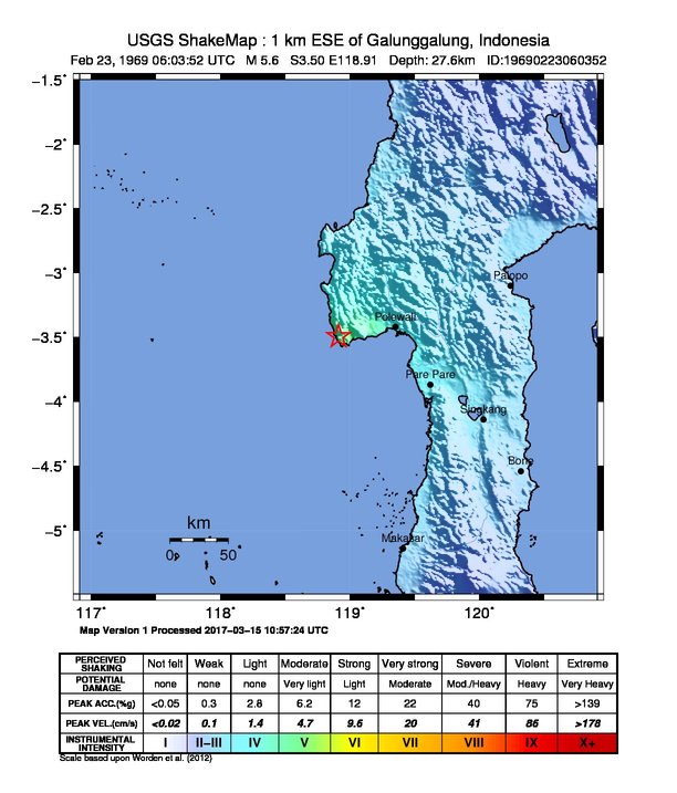 USGS ShakeMap: estimated shaking intensity around the epicenter