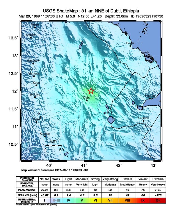 USGS ShakeMap: estimated shaking intensity around the epicenter