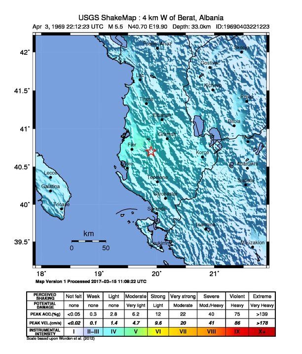 USGS ShakeMap: estimated shaking intensity around the epicenter