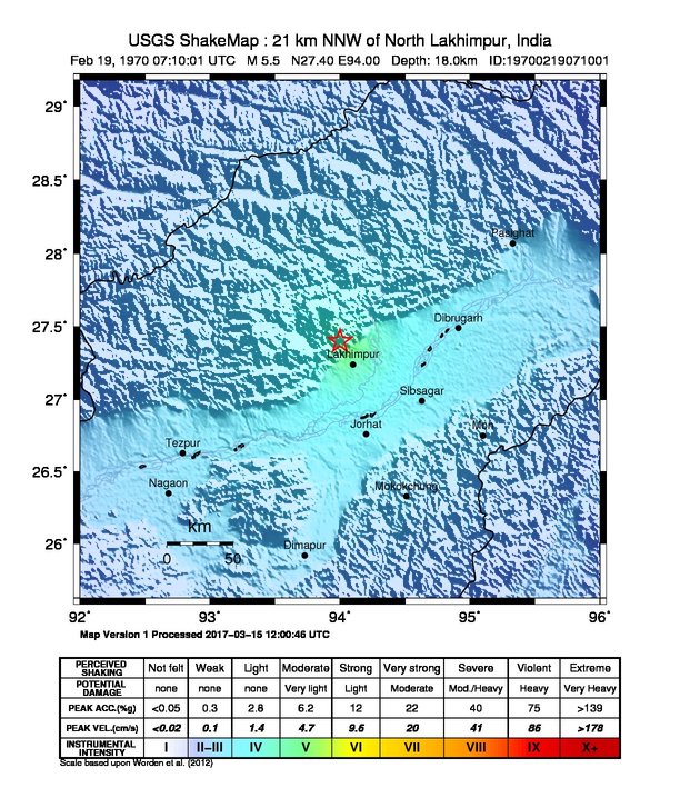 USGS ShakeMap: estimated shaking intensity around the epicenter