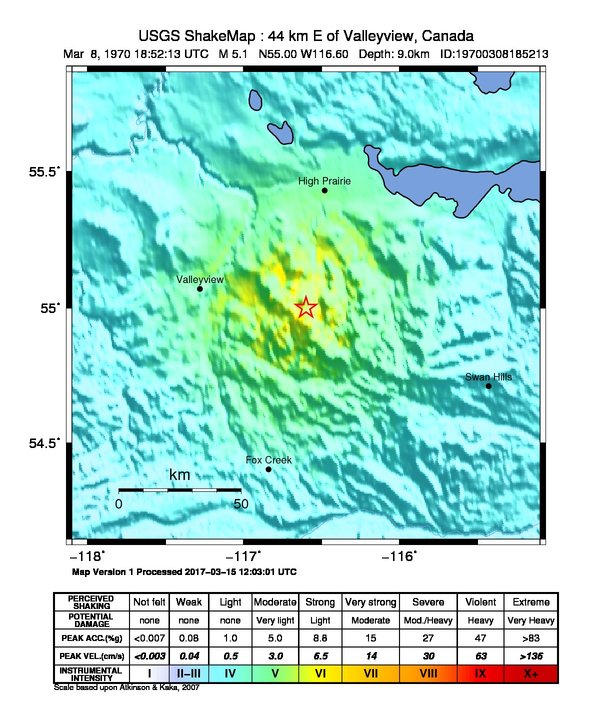 USGS ShakeMap: estimated shaking intensity around the epicenter