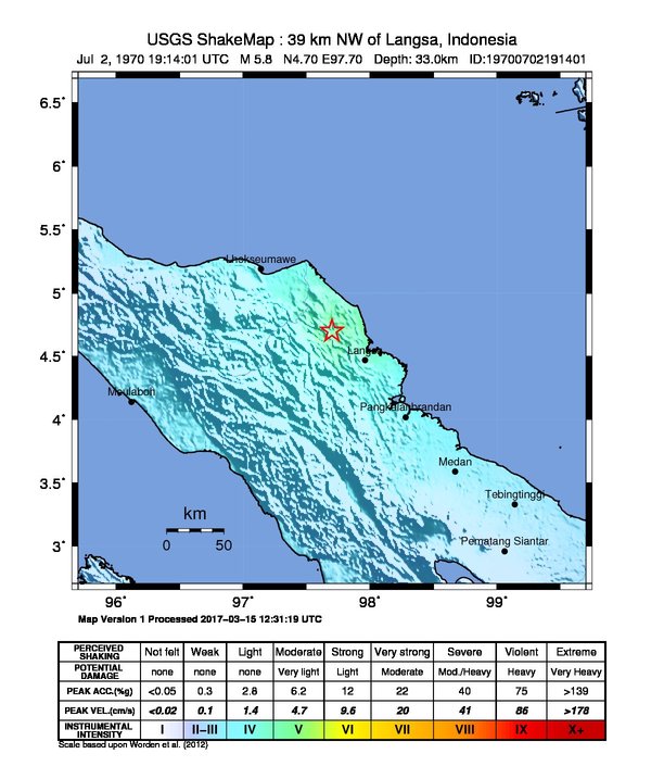USGS ShakeMap: estimated shaking intensity around the epicenter