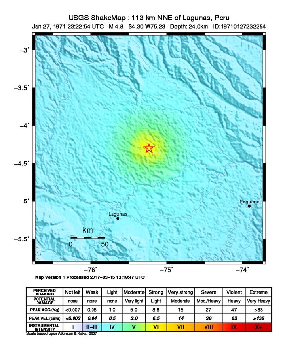 USGS ShakeMap: estimated shaking intensity around the epicenter