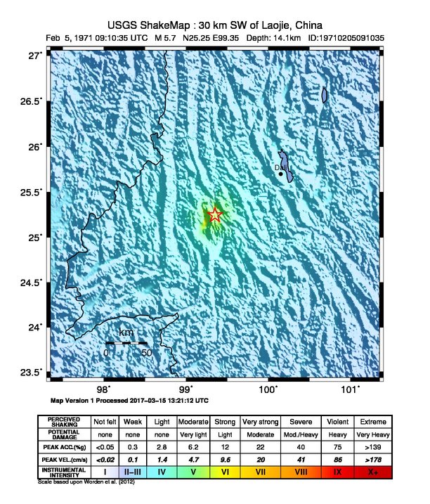 USGS ShakeMap: estimated shaking intensity around the epicenter