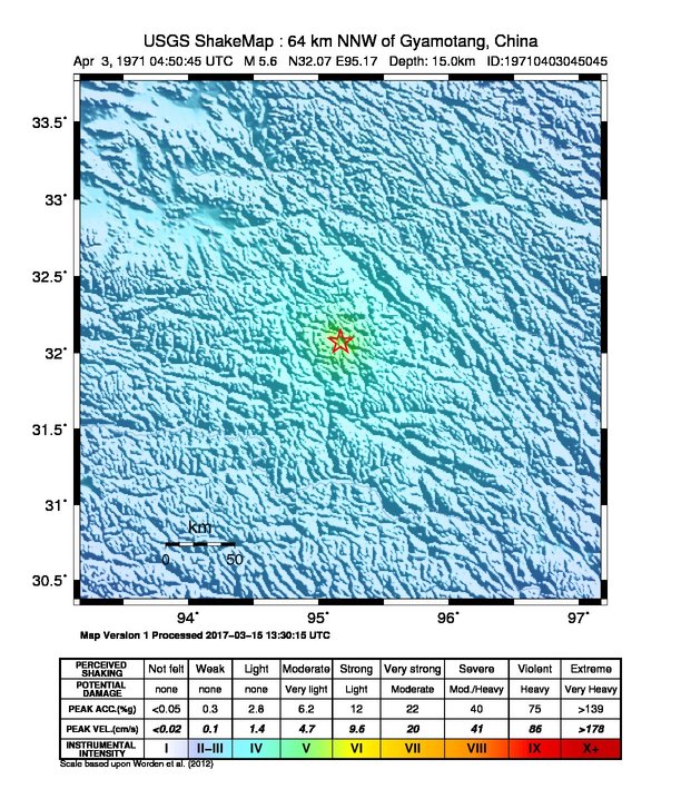 USGS ShakeMap: estimated shaking intensity around the epicenter