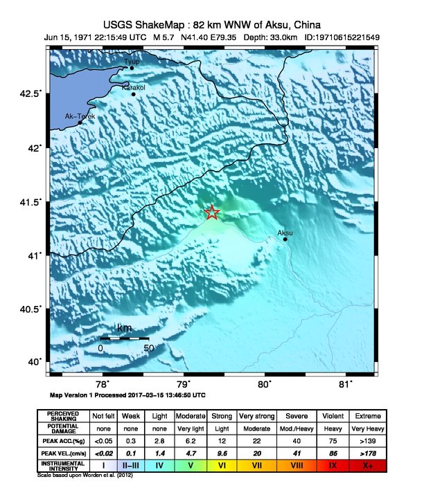 USGS ShakeMap: estimated shaking intensity around the epicenter