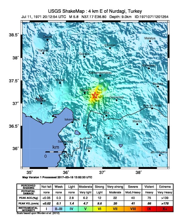 USGS ShakeMap: estimated shaking intensity around the epicenter