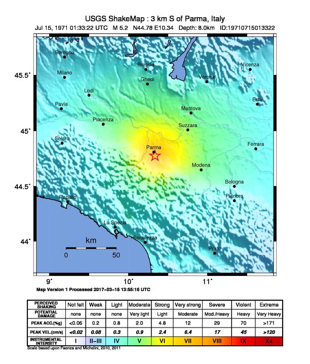 USGS ShakeMap: estimated shaking intensity around the epicenter