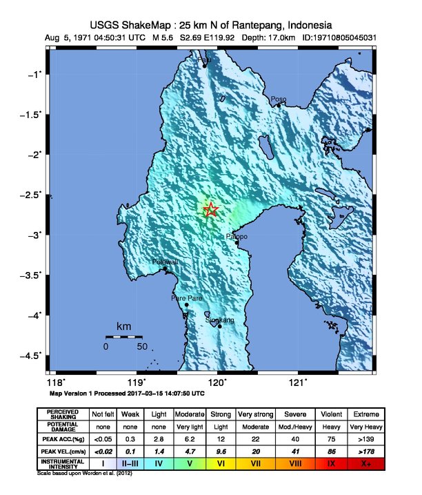 USGS ShakeMap: estimated shaking intensity around the epicenter