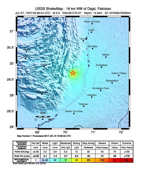 USGS ShakeMap: estimated shaking intensity around the epicenter