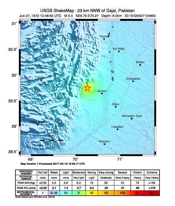 USGS ShakeMap: estimated shaking intensity around the epicenter