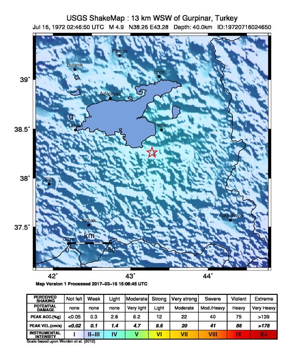 USGS ShakeMap: estimated shaking intensity around the epicenter
