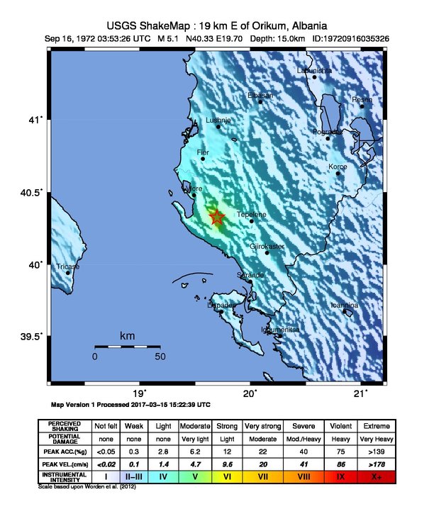 USGS ShakeMap: estimated shaking intensity around the epicenter
