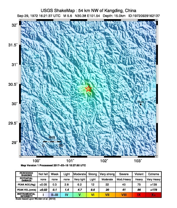 USGS ShakeMap: estimated shaking intensity around the epicenter
