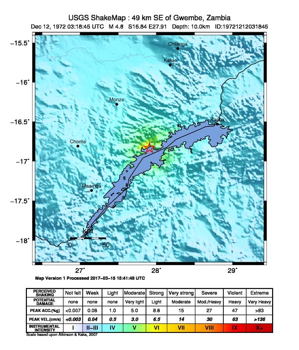 USGS ShakeMap: estimated shaking intensity around the epicenter