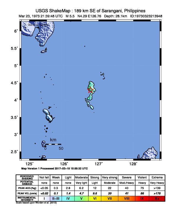 USGS ShakeMap: estimated shaking intensity around the epicenter