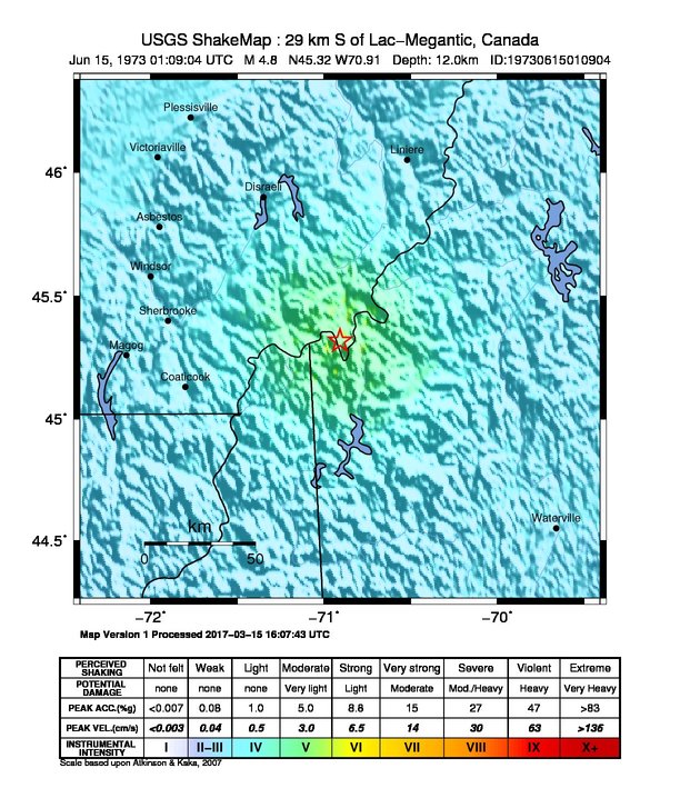 USGS ShakeMap: estimated shaking intensity around the epicenter