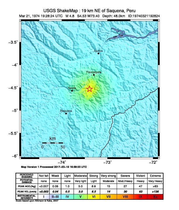 USGS ShakeMap: estimated shaking intensity around the epicenter
