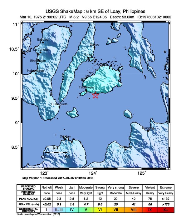 USGS ShakeMap: estimated shaking intensity around the epicenter