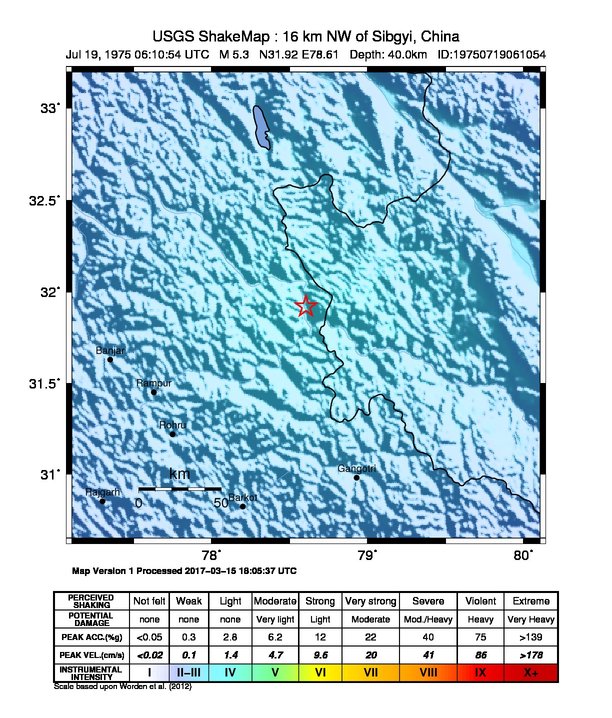 USGS ShakeMap: estimated shaking intensity around the epicenter