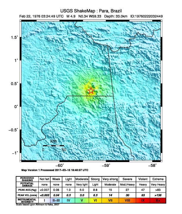 USGS ShakeMap: estimated shaking intensity around the epicenter