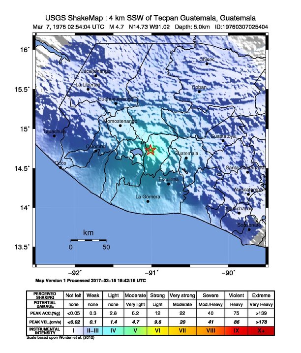 USGS ShakeMap: estimated shaking intensity around the epicenter