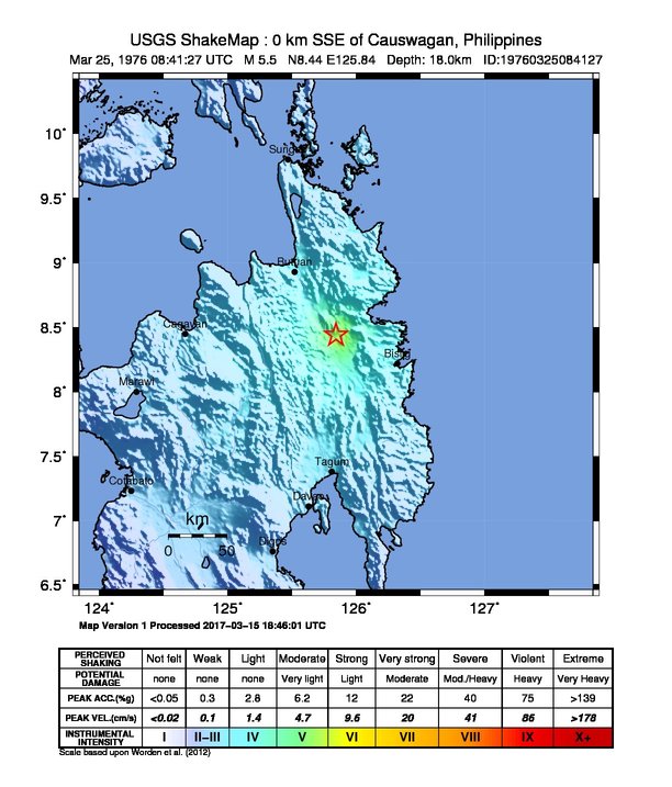 USGS ShakeMap: estimated shaking intensity around the epicenter
