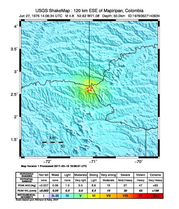 USGS ShakeMap: estimated shaking intensity around the epicenter