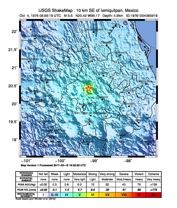 USGS ShakeMap: estimated shaking intensity around the epicenter