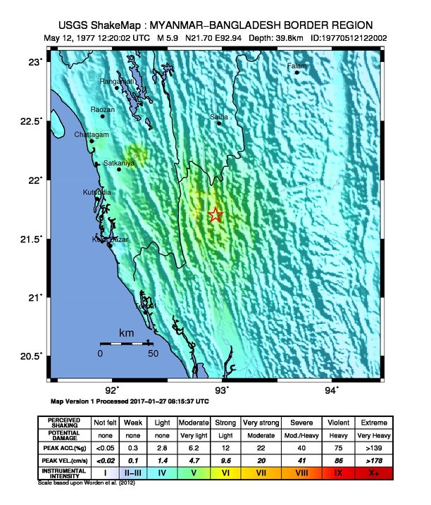 USGS ShakeMap: estimated shaking intensity around the epicenter
