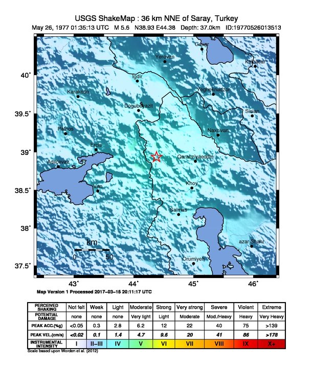 USGS ShakeMap: estimated shaking intensity around the epicenter