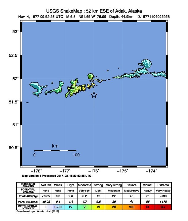 USGS ShakeMap: estimated shaking intensity around the epicenter