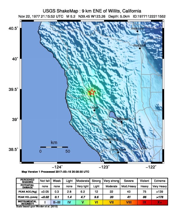USGS ShakeMap: estimated shaking intensity around the epicenter