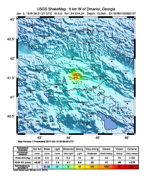 USGS ShakeMap: estimated shaking intensity around the epicenter