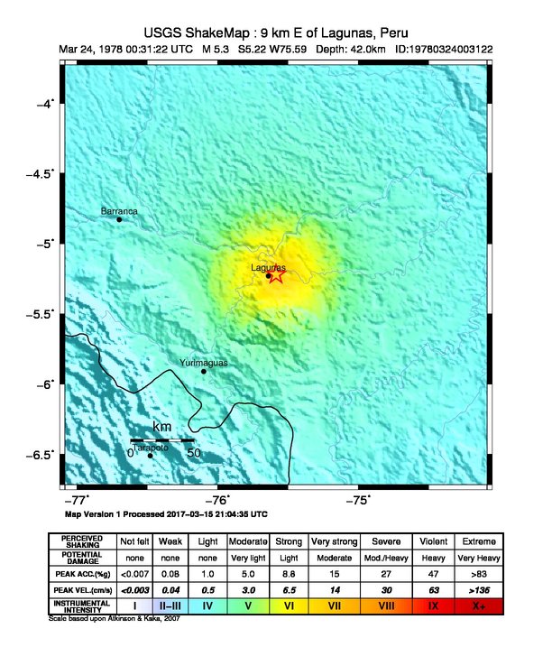 USGS ShakeMap: estimated shaking intensity around the epicenter